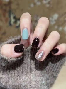 Handmade Short Wearable Nail Tips Pure White Autumn Winter Blue Brown Jump Color Mermaid Phototherapy Nails Bright Color Series