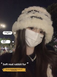 Thickened Knitted Rabbit Fur Hat Winter Bucket Fisherman Cap Womens Casual Style Lion Wake up Cap Warm Cozy Turtleneck Hat