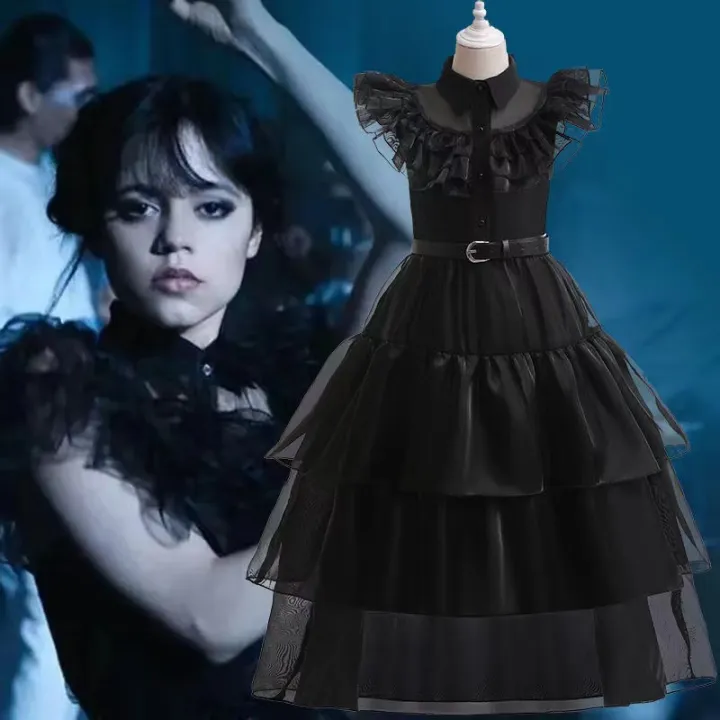 black and red flamenco dress Short Sleeve Wednesday Addams Black Velvet Mini Dress main image 0