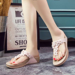 Holiday New Seaside Flower Sweet Korean Style Flip-Flops Womens Slippers Summer Non-Slip Wedge Thick Sole Flat Beach