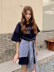 Plaid Skirt Dress Fake Two-Piece Summer Korean Style Womens High-End Printed T-Shirt Dress Casual Loose Waist Polyester Fiber