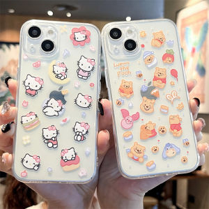 FullScreen Winnie the Pooh And Kitty Cat Compatible iPhone 15 Phone Case Transparent Soft Silicon Anti-Fall Couple Design 13 New Model 12 Mini