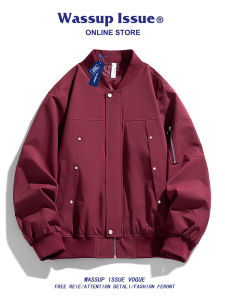 แจ็คเก็ตบราวนิงสีแดง WASSUP ISSUE แจ็คเก็ตบราวนิงสไตล์อเมริกันสำหรับผู้ชาย เสื้อกั๊กเบสบอลฤดูใบไม้ผลิและฤดูใบไม้ร่วง