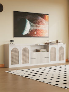 Minimalist Creamy White Rattan Solid Wood TV Cabinet