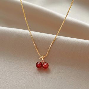 Little Wine Red Cherry Pendant Necklaces Women Fashion Personality Fruit Golden Chain Necklace Party Jewelry Birthday Gifts K0