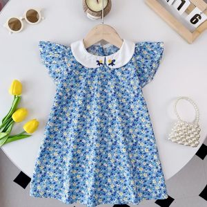 หมีผู้นำชุดใหม่สำหรับเด็กสาวปักตุ๊กตาคอปกบินแขนชุดเด็กสบายๆดอกไม้เครื่องแต่งกายชุดฤดูร้อน3-7Y