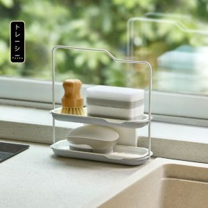 Kệ treo đa năng đựng đồ bồn rửa chén bát có thể dán tường chất liệu thép carbon có khay đựng nước