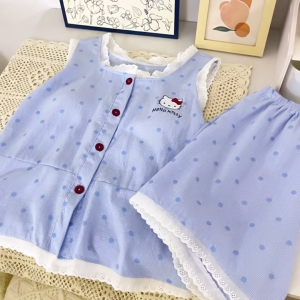 Terno Pajama Hello Kitty Blue Polka Dot Sleepwear Set Super Cute Padded Summer Loungewear for Women
