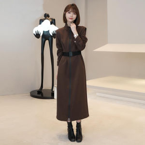 ชุดเดรสยาวทรงตรงแขนยาวผู้หญิงฤดูใบไม้ร่วง/ฤดูหนาว ทรงหลวม ยาวถึงเข่า ชุดเดรสยาวปานกลางกระชับสัดส่วน