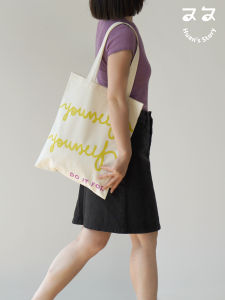 Huan Original Canvas Bag Yellow Letter Tote Bag Single Shoulder Slouchy Feel  Artistic Versatile Canvas Sling Bag