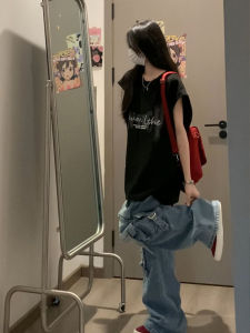 เสื้อยืดแขนกุดคอตตอนสไตล์อเมริกันย้อนยุคขนาดใหญ่ หลวมๆ สำหรับผู้ชายและผู้หญิง แบรนด์แฟชั่นเกาหลี ฤดูร้อน 2024