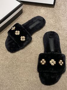 Elegant Flat Bottom Furry Slippers for Women Premium Quality Diamond Embroidery Cotton Slippers Casual Style Rubber Sole