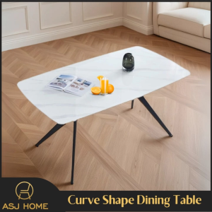 ASJ_Luxe Curved Dining Table – Glossy Sintered Stone Top with X-Leg Base in Grey White & Pandora