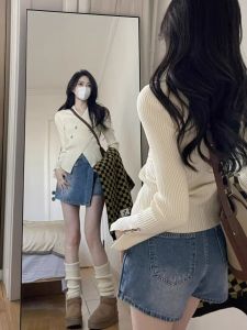 สลิมฟิต คอวี Cross เสื้อสเวตเตอร์ถัก ผู้หญิง ฤดูใบไม้ร่วง ซับเอวแบบใหม่ พรางหุ่น แขนยาวเหนือศีรษะแยกด้านข้าง เสื้อท่อนบน