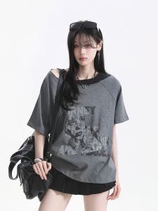 zuocisankon | Two-tone Off-shoulder Loose T-shirt