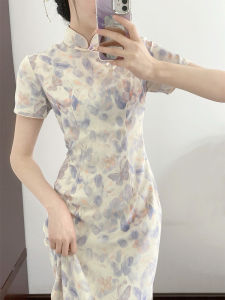 Young Womens Revised Cheongsam Semi-Unbuttoned Butterfly Purple Summer Daily Wear Short Sleeve Retro Style Midi Qipao Dress