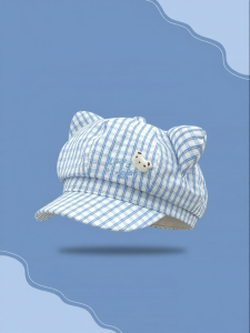 Cute Cartoon Bear Gingham Beret Hat Spring/Summer Thin Fit Small Face