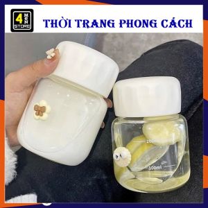 Bình Nước Thuỷ Tinh Dáng Lùn 300ml Dễ Thương Cốc Uống Nước Mini Kèm Nắp Đậy Kín Chai Thủy Tinh - Bình Đựng Nước Đựng Sữa Cà Phê Thủy Tinh Kiểu Lùn Decor Bàn