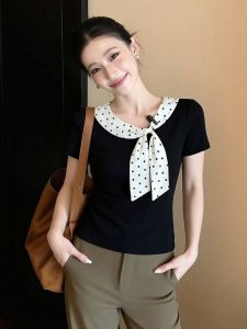 AIYITI | Korean Style Polka Dot Bow Office Black Large Size Womens T-Shirt