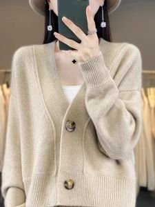 Ultra-short Ultra-light เสื้อคาร์ดิแกนแคชเมียร์ ผู้หญิง คอวี เสื้อแจ๊กเก็ตถัก หลวม แขนยาวสีบริสุทธิ์ ฤดูใบไม้ผลิ ฤดูใบไม้ร่วง แฟชั่น