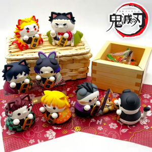 Bandai | Demon Slayer Lucky Cat Anime Figure Blind Box Tanjiro Zenitsu Giyu Cute Collectible Model Toy Desktop Car Ornament Birthday Gift