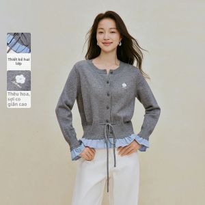 INMAN | Bộ Áo Len Cardigan 2 Mảnh Grid Ren Thêu Slim Fit Dây Nịt Eo