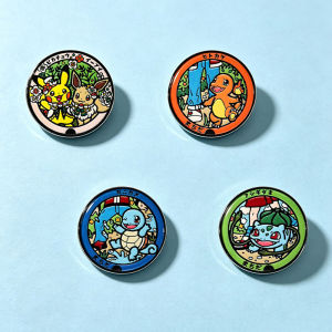 Potdemiel | 4Pcs Pokemon Round Enamel Pins Pikachu Eevee Bulbasaur Squirtle Charmander Metal Brooch Lapel Badge Backpack Decor