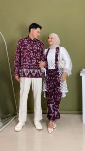 ZUDEVA-WIDURI Kebaya Set Baju Couple Family Tenun White Maroon Baju Sarimbit Kondangan Pasangan Pria dan Wanita