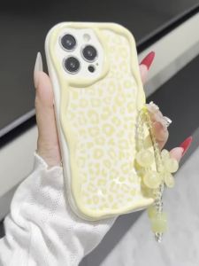 Cream Yellow Leopard Print Phone Case for iPhone 17 16 15 14 13 12 11Pro Max Cute Flower Bead Chain Wavy Edge Protective Case
