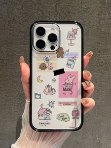 Cute Rabbit Bear Transparent Black Edge iPhone 16 pro Max Case Female Magnetic Absorption Anti-Fall Protection Cover for Apple