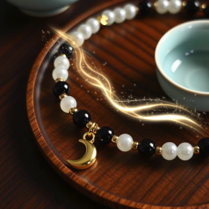 Black Pearl Gold Dainty Beaded Bracelet Moon Charm Elegant Handmade Wrist Accessory