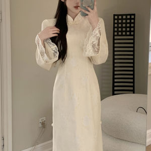 Elegant Long Sleeve Lace Dress Midi Skirt Style Autumn Commute New Chinese Style Improved Qipao Asymmetrical Hem Slimming Dress