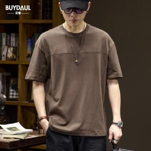 American Retro 280G Heavyweight Pure Cotton Short Sleeve T-Shirt Mens Summer Cool Feeling Tech Cotton Patchwork Casual Solid Color Top