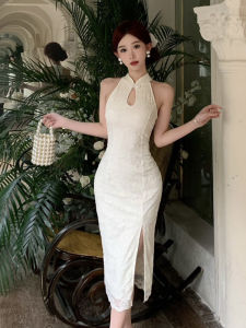 Váy Dài Vừa Phải Không Tay Cổ Treo Phong Cách Trung Hoa Mới Gợi Cảm Hở Vai Hở Vai Không Tay Váy Midi Cạp Cao Cho Nữ Mùa Hè