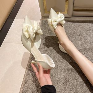 Elegant Butterfly Knot Pointed Toe Flat Heel Shoes Gentle Fairy Style for Spring Summer PU Material Low Rubber Sole