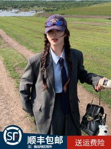 Gray High Waist Pleated Skirt Set Womens Fashion Spring Autumn 2025 New Korean Style Two Piece Suit School Uniform Look