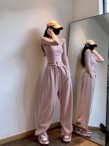 High Waist American Style Sport Pants Womens Casual Wide Leg Long Trousers Spring Autumn New Model Pink Drawstring Sweatpants