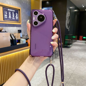 Transparent Huawei Pura70 pro Purplish Blue Crossbody Phone Case Protective Cover Pure Color with Hole for Back And Front Camera Protection
