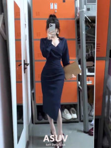 Cobalt Blue Striped Shirt Dress Womens Autumn 2025 New High Waist Office Lady Long Dress Slimming Effect Spring Season