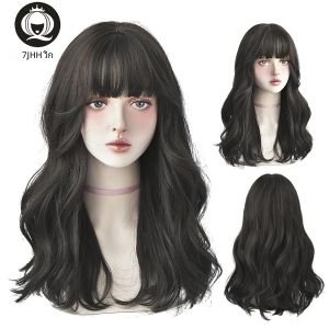 7JHHWIGS สีดํายาวหยักวิกผมสังเคราะห์กับปุยบางสําหรับผู้หญิงธรรมชาตินุ่มทุกวัน Four Seasons สวมใส่ผม