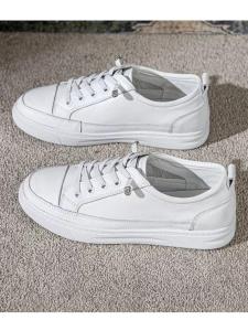 Womens Casual Thick Bottom Flat Leather Shoes Easy to Wear Spring Summer round Toe Deep Mouth Rubber Outsole Soft Leather