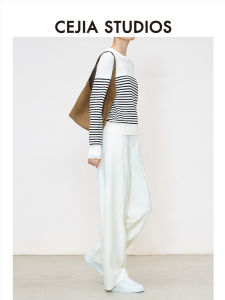 CEJIA Money Style 100% Wool Versatile Commuter White Wide Leg Straight Cut Womens Trousers Spring New Arrival