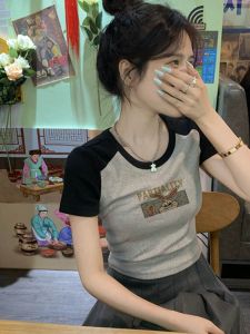 American Sweet And Spicy Rabbit Print Shoulder T-Shirt Womens Summer Short Sleeve Slim Fit Top Creative Design round Neck