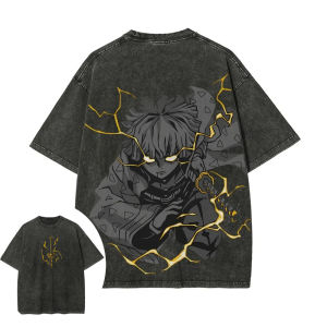 Bandai | Demon Slayer Mens Womens Washed T-Shirt Zenitsu Agatsuma Summer Spring Anime Tee Retro Distressed High Quality Short Sleeve