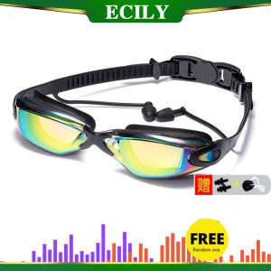 ECILY แว่นตาว่ายน้ำแว่นว่ายน้ำมืออาชีพพร้อมชุดแว่นตากันฝ้าความละเอียดสูงทำจากซิลิโคนกันน้ำชุบด้วยไฟฟ้าสำหรับที่อุดหูที่อุดจมูก
