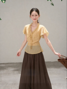 HTMEME | Áo Sơ Mi Tay Ngắn Phong Cách Pháp V-Neck Dây Kéo Bán Xuyên Thấu Hình Chấm Bi