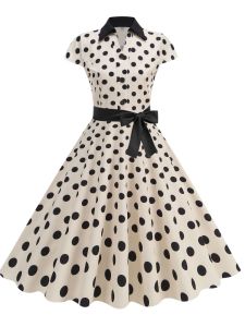 Retro Hong Kong French Style Polka Dot Slim Fit Short Sleeve Dress Evening Gown Womens Fashion Vintage A-Line Midi Dress