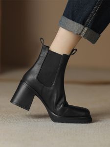 Leather Chelsea Boots Womens Thick Heel Chunky Heel Short Boots Black British Style Martin Boots Waterproof Platform Autumn Winter New Arrival