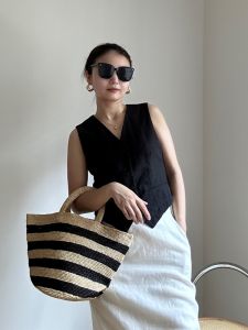 French Style Retro Black Stripes Hand-Woven Bag Raffia Handbag Fashion Vegetable Basket Bag Beach Vacation Bag