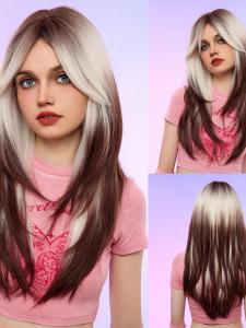 ผมปลอม ทรงยาวตรง แก้มแดง ช่วงผมยาวปานกลาง สีน้ำตาลเข้ม กันแดด กันน้ำ ทนทานต่อการล้างผม ป้องกันการเสียดสี